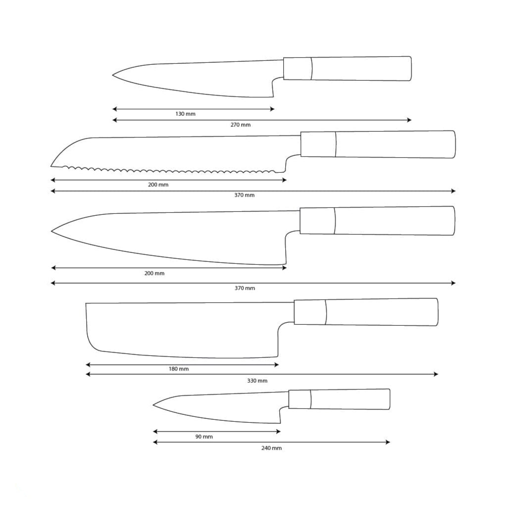 Shinrai Knives - Ensemble de couteaux damas Takumi Kaza 5 pièces - Couteau de chef + Couteau à pain + Couteau Nakiri + Couteau de bureau + Couteau d'office