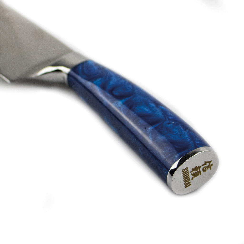 Shinrai Knives - Epoxy Sapphire Damascus Print 6-piece Knife Set + Magnetic Knife Block Scalae - Acacia wood