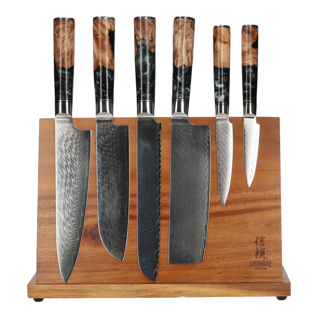 Epoxy Onyx 6-delige Damascus Messenset + Magnetisch Messenblok Messenset met blok Shinrai Japan