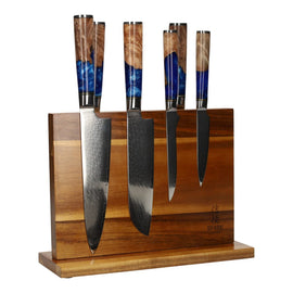 Epoxy Sapphire 6-piece Damascus Knife Set + Magnetic Knife Block Epoxy Sapphire 6-delige Damascus Messenset + Magnetisch Messenblok Messenset met blok Shinrai Japan