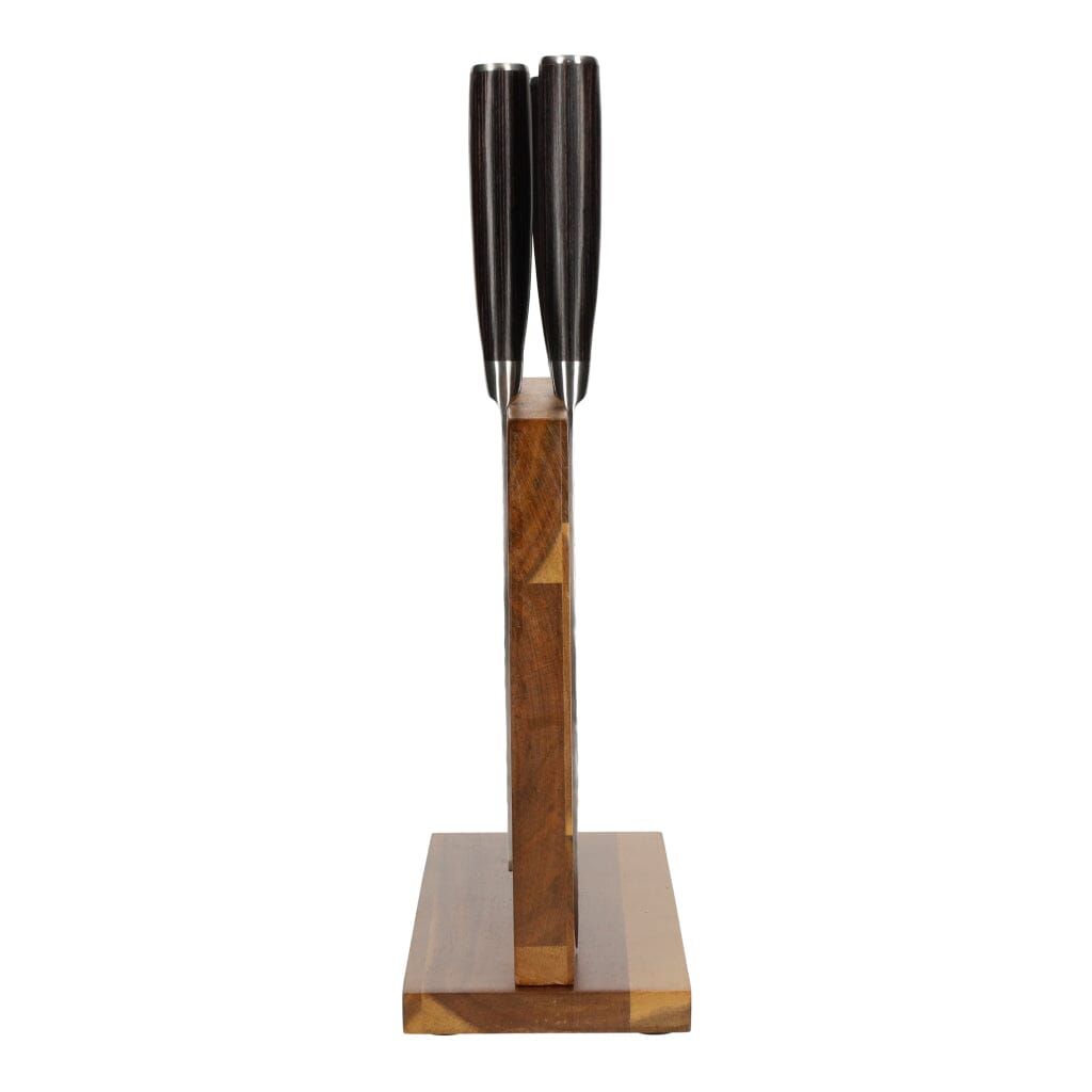 Hammered RVS 6-delige Messenset + Acacia houder dubbelzijdig Messenset met blok Shinrai Japan