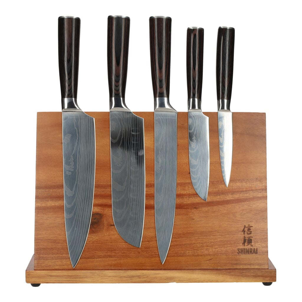 Shinrai Japan - Damascus Print 5-delig + Magnetisch Messenblok Enkelzijdig Messenset met blok Shinrai Japan