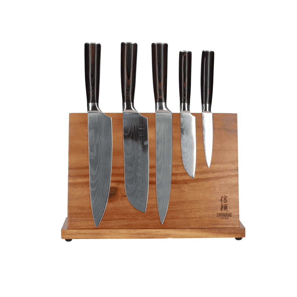 Shinrai Japan - Damascus Print 5-delig + Magnetisch Messenblok Enkelzijdig Messenset met blok Shinrai Japan