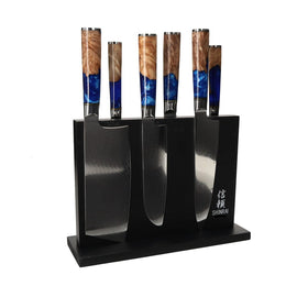 Shinrai Knives - Epoxy Sapphire 6-Piece Damascus Knife Set + Magnetic Knife Block Double-Sided - Black Shinrai Japan - Epoxy Sapphire 6-delige Damascus Messenset + Magnetisch Messenblok Dubbelzijdig - Zwart Messenset met blok Shinrai Japan