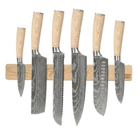 Shinrai Knives - Akari Damascus Print 6-delige Messenset + Messenmagneet Muurstrip - Esdoornhout Messenset met blok Shinrai Knives