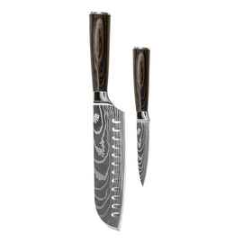 Shinrai Knives - Damascus Print 2-Piece Knife Set - Santoku + Paring Knife Shinrai Knives - Damascus Print 2-delige Messenset - Santoku + Schilmes Messenset Shinrai Knives