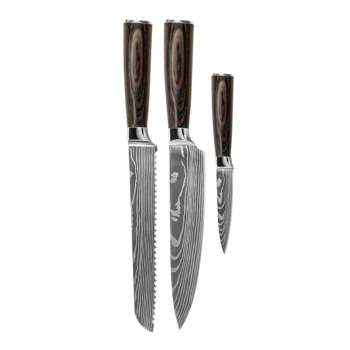 Shinrai Knives - Damascus Print 3-delige Messenset - Koksmes + Broodmes + Schilmes Messenset Shinrai Knives