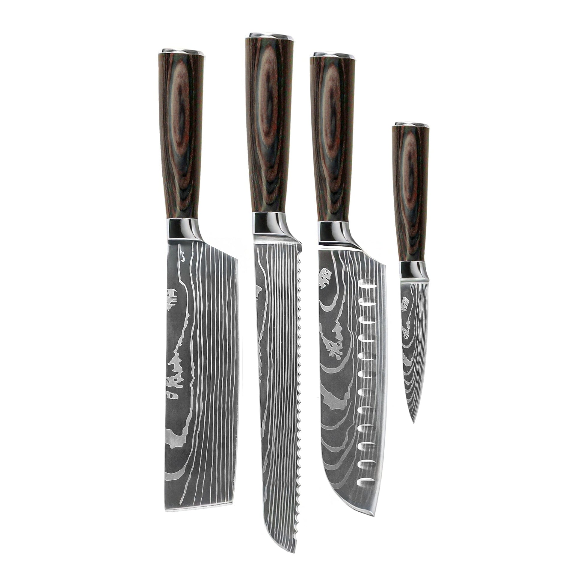 Shinrai Knives - Damascus Print 4-delige Messenset - Santoku + Broodmes + Nakiri + Schilmes Messenset Shinrai Knives