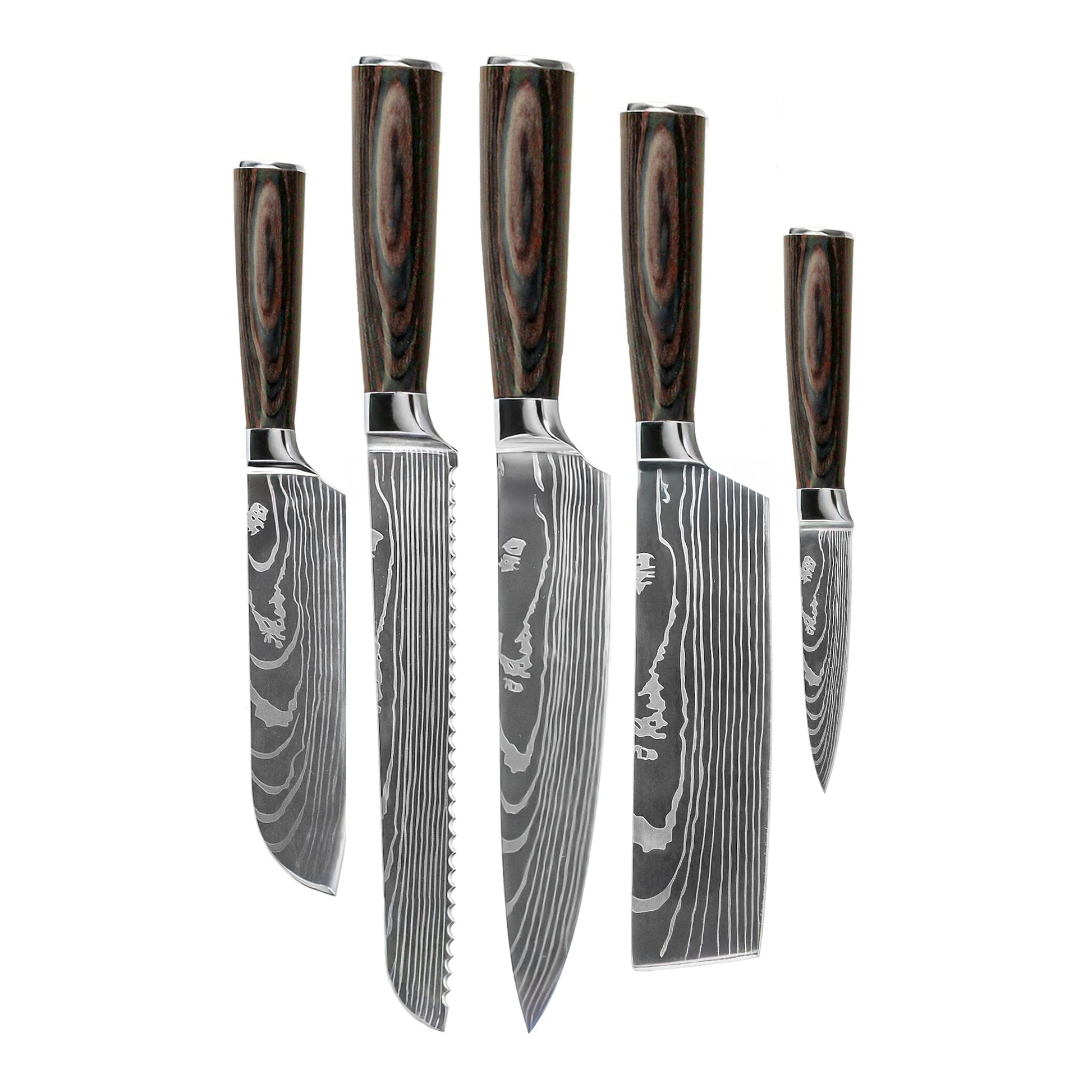 Shinrai Knives - Damascus Print 5-delige Messenset - Koksmes + Broodmes + Nakiri + Kleine Santoku + Schilmes Messenset Shinrai Knives