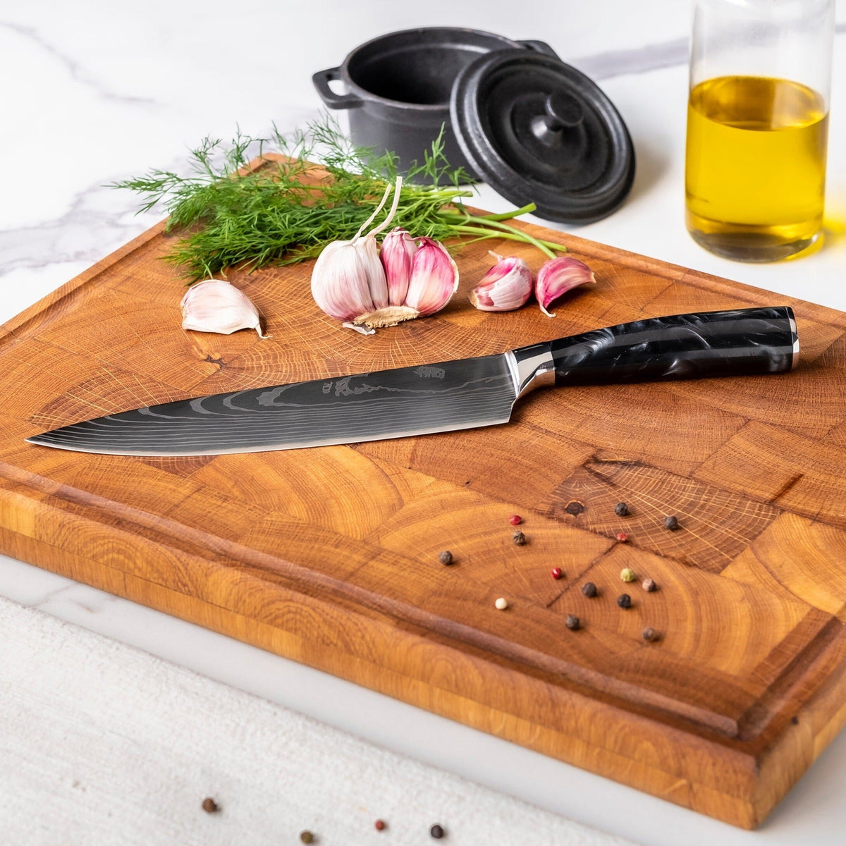Shinrai Knives - Damascus Print Epoxy Onyx 4-delige Messenset - Koksmes + Broodmes + Nakiri + Schilmes Messenset Shinrai Knives