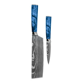 Shinrai Knives - Damascus Print Epoxy Sapphire 2-piece Knife Set - Nakiri + Paring Knife Shinrai Knives - Damascus Print Epoxy Sapphire 2-delige Messenset - Nakiri + Schilmes Messenset Shinrai Knives