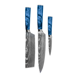 Shinrai Knives - Damascus Print Epoxy Sapphire 3-Piece Knife Set - Chef's Knife + Nakiri + Paring Knife Shinrai Knives - Damascus Print Epoxy Sapphire 3-delige Messenset - Koksmes + Nakiri + Schilmes Messenset Shinrai Knives