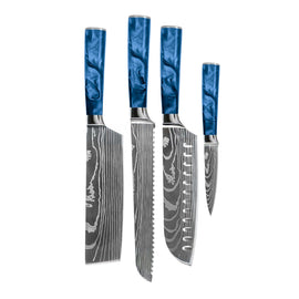 Shinrai Knives - Damascus Print Epoxy Sapphire 4-piece Knife Set - Santoku + Bread Knife + Nakiri + Paring Knife Shinrai Knives - Damascus Print Epoxy Sapphire 4-delige Messenset - Santoku + Broodmes + Nakiri + Schilmes Messenset Shinrai Knives