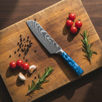 Shinrai Knives - Damascus Print Epoxy Sapphire 5-delige Messenset - Koksmes + Broodmes + Nakiri + Kleine Santoku + Schilmes Messenset Shinrai Knives