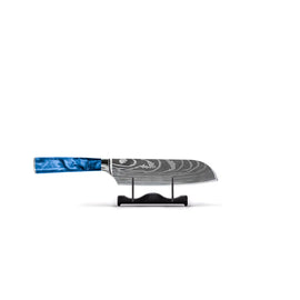 Série japonaise d'impression saphir époxy Damas - Petit couteau Santoku (13 cm) Shinrai Knives - Damascus Print Epoxy Sapphire Santoku mes 13 cm Santokumes Shinrai Knives