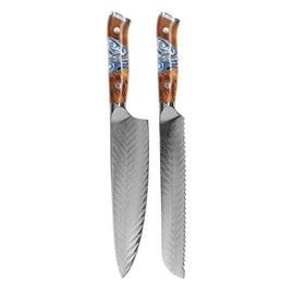 Shinrai Knives - Eclipse 2-Piece Damascus Knife Set - Chef's Knife + Bread Knife Shinrai Knives - Eclipse 2-delige Damascus Messenset - Koksmes + Broodmes Messenset Shinrai Knives