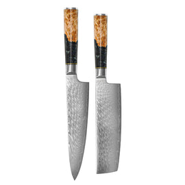 Shinrai Knives - Epoxy Onyx 2-piece Damascus Knife Set - Chef's Knife + Nakiri Shinrai Knives - Epoxy Onyx 2-delige Damascus Messenset - Koksmes + Nakiri Messenset Shinrai Knives