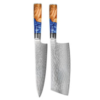 Shinrai Knives - Epoxy Sapphire 2-delige Damascus Messenset - Koksmes + Nakiri Messenset Shinrai Knives