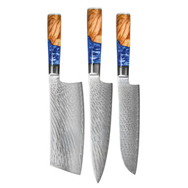 Shinrai Knives - Epoxy Sapphire 3-piece Damascus Knife Set - Chef's Knife + Nakiri + Santoku Shinrai Knives - Epoxy Sapphire 3-delige Damascus Messenset - Koksmes + Nakiri + Santoku Messenset Shinrai Knives