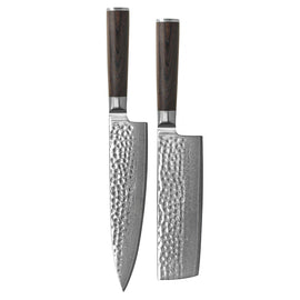Shinrai Knives - Hammered Damask BR 2-piece Knife Set - Chef's Knife + Nakiri Shinrai Knives - Hammered Damast BR 2-delige Messenset - Koksmes + Nakiri Messenset Shinrai Knives