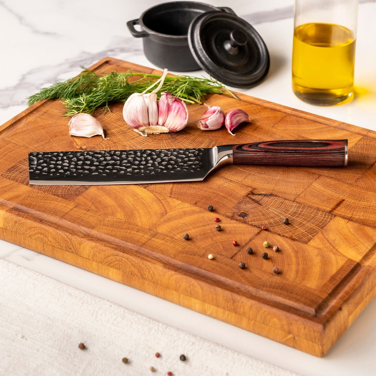 Shinrai Knives - Hammered RVS 4-delige Messenset - Koksmes + Broodmes + Nakiri + Schilmes Messenset Shinrai Knives