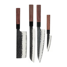 Shinrai Knives - Kurayami 4-Piece Damascus Knife Set - Chef's Knife + Bread Knife + Nakiri + Paring Knife Shinrai Knives - Kurayami 4-delige Damascus Messenset - Koksmes + Broodmes + Nakiri + Schilmes Messenset Shinrai Knives