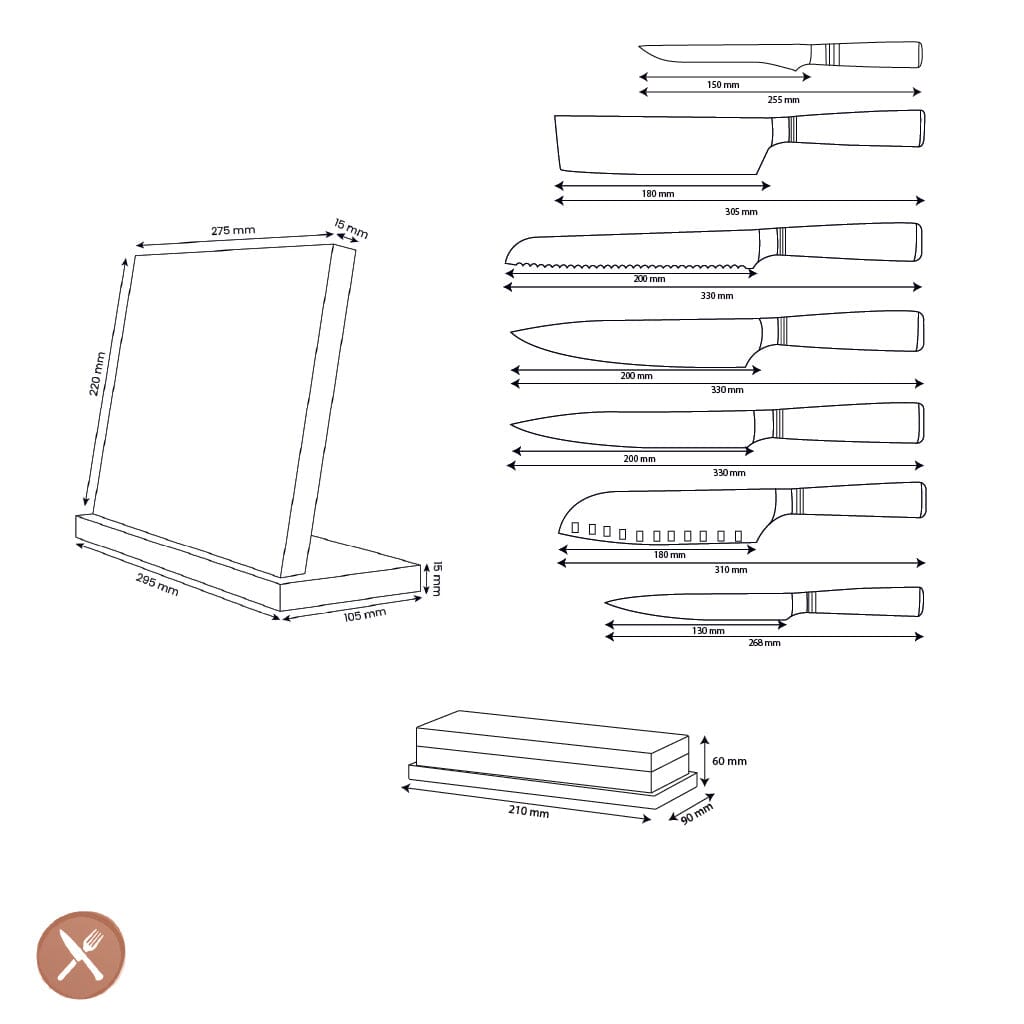 Shinrai Knives - Micarta Jewels 7-delige Messenset + Messenblok + Slijpsteen Messenset met blok, snijplank en slijpsteen Shinrai Knives