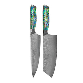 Shinrai Knives - Mother of Pearl Jewels 2-Piece Damascus Knife Set - Chef's Knife + Nakiri Shinrai Knives - Parelmoer Jewels 2-delige Damascus Messenset - Koksmes + Nakiri Messenset Shinrai Knives