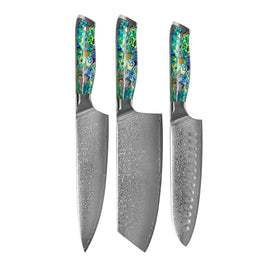 Shinrai Knives - Mother of Pearl Jewels 3-Piece Damascus Knife Set - Chef's Knife + Nakiri + Santoku Shinrai Knives - Parelmoer Jewels 3-delige Damascus Messenset - Koksmes + Nakiri + Santoku Messenset Shinrai Knives
