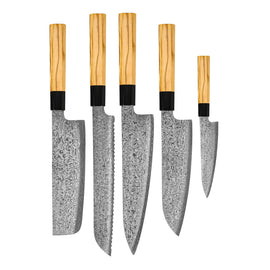 Shinrai Knives - Takumi Kaza 5-piece Damascus Knife Set - Chef's Knife + Bread Knife + Nakiri + Santoku + Paring Knife Shinrai Knives - Takumi Kaza 5-delige Damascus Messenset - Koksmes + Broodmes + Nakiri + Santoku + Schilmes Messenset Shinrai Knives