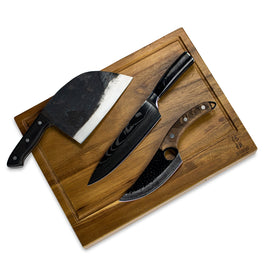 Shinrai Knives - 3 Brown Knives + Cutting Board Combideal - 3 Bruine Forged messen + Snijplank KookGigant