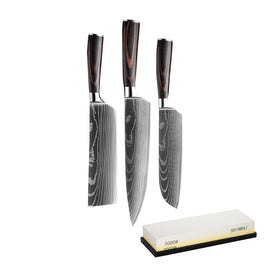 Damask Print 3-piece Knife Set + sharpening stone Damascus Print 3-delige Messenset + slijpsteen KookGigant