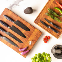 Damast Pakka Wood Series - 6-delige messenset + Acacia houder dubbelzijdig Shinrai Japan