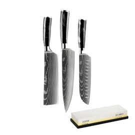 Shinrai Japan - Ensemble de couteaux 3 pièces en époxy onyx damas + pierre à aiguiser Bezig met laden...