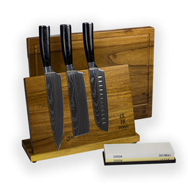 Epoxy Onyx Damascus Print 3-Piece Knife Set - Combideal XXXL Epoxy Onyx 3-delige messenset + slijpsteen + magnetische houder + snijplank KookGigant
