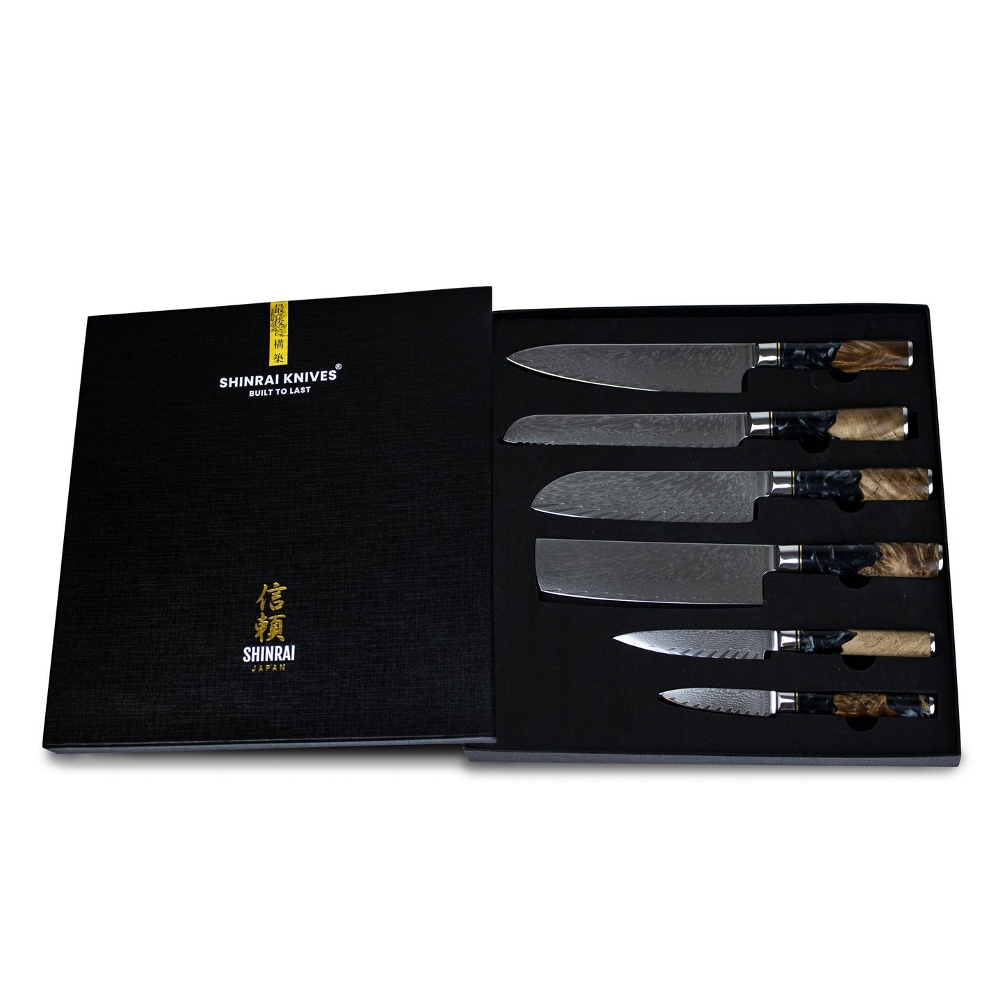 Epoxy Onyx 6-delige Damascus Messenset + Acaciahouder Style 1 Shinrai Japan