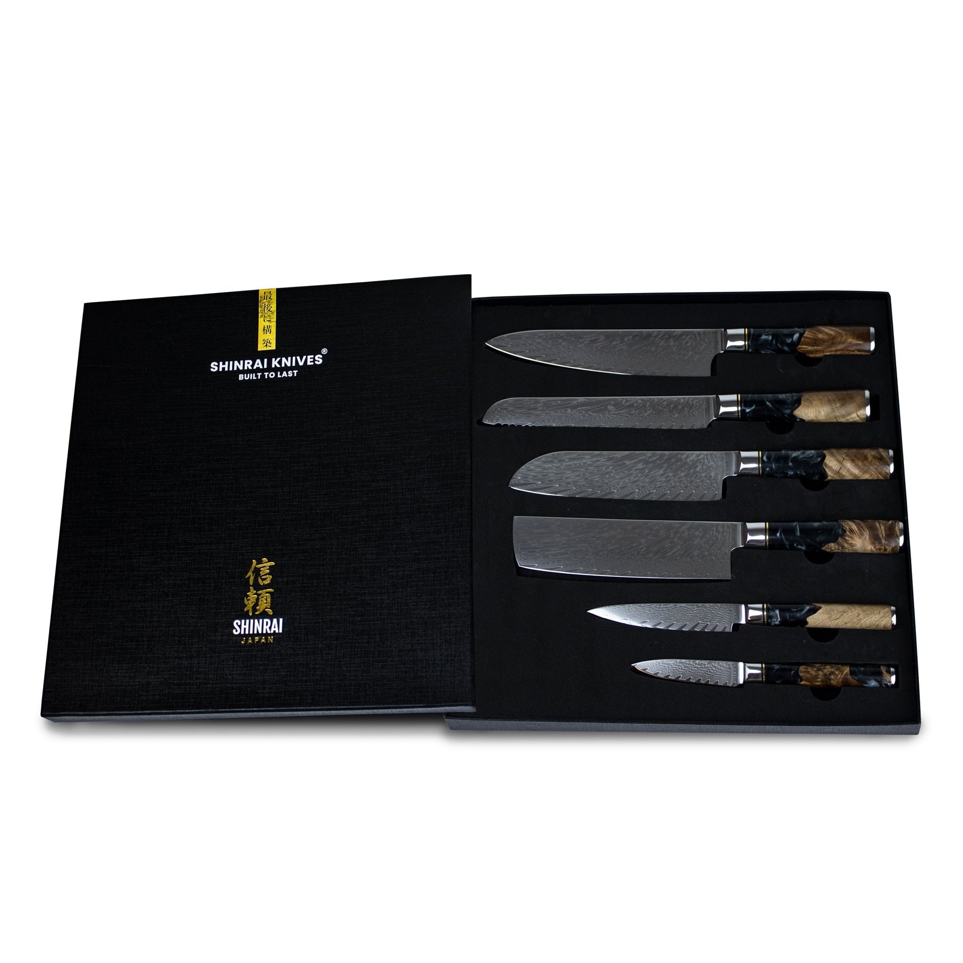 Epoxy Onyx 6-delige Damascus Messenset + Acaciahouder Style 1 Shinrai Japan