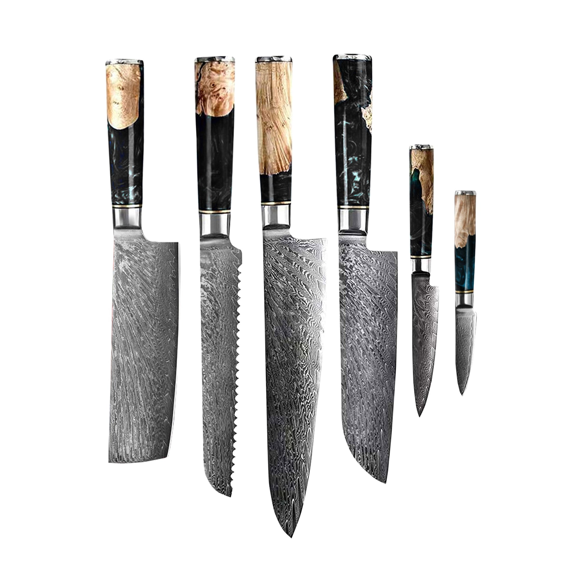Epoxy Onyx 6-delige Damascus Messenset + Acaciahouder Style 1 Shinrai Japan
