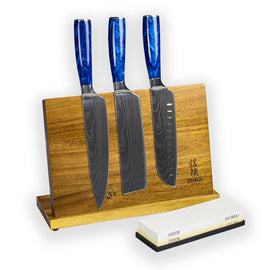 Epoxy Sapphire Damascus Print 3-piece Knife Set - Combideal XXL Epoxy Sapphire 3-delige messenset + slijpsteen + magnetische houder KookGigant