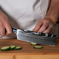 Epoxy Sapphire 6-delige Damascus Print Messenset + Acacia houder enkelzijdig Shinrai Japan