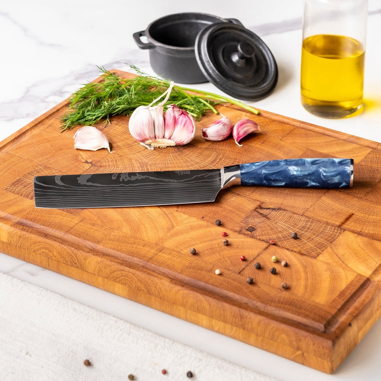 Japanse Damascus Print Epoxy Sapphire - Nakiri mes Keukenmessen Shinrai Japan