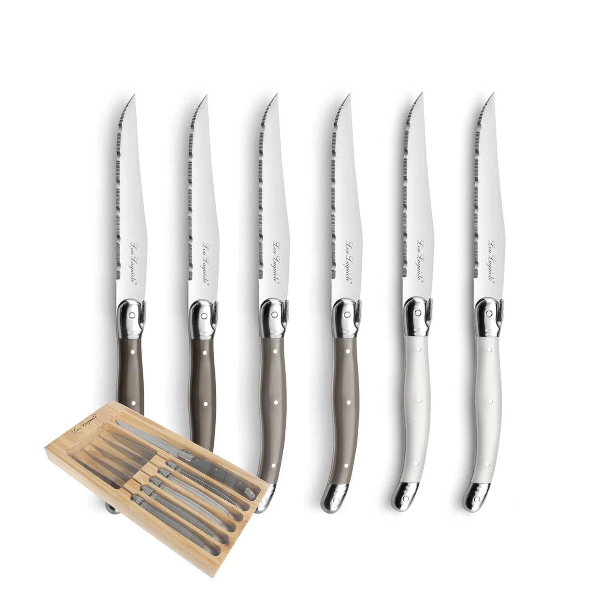 Lou Laguiole - 6-pc steak knives in wooden box - mixed color (pepper/pearl/taupe) Steakmes Lou Laguiole