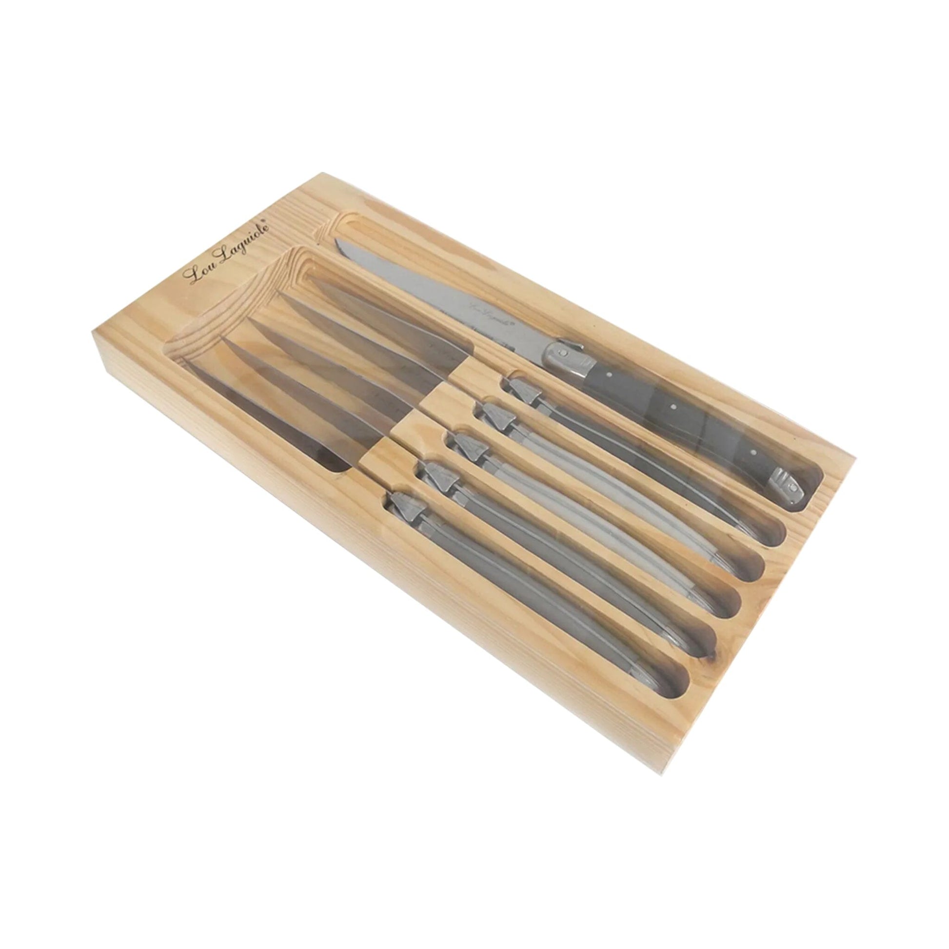 Lou Laguiole - 6-pc steak knives in wooden box - mixed color (pepper/pearl/taupe) Steakmes Lou Laguiole