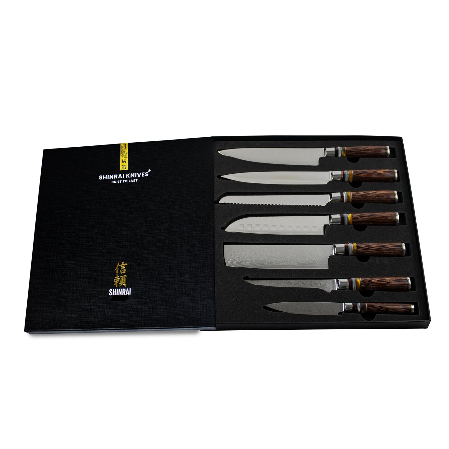 Micarta Jewels 7-delige Damascus Messenset + Acacia houder dubbelzijdig Messensets Shinrai Japan
