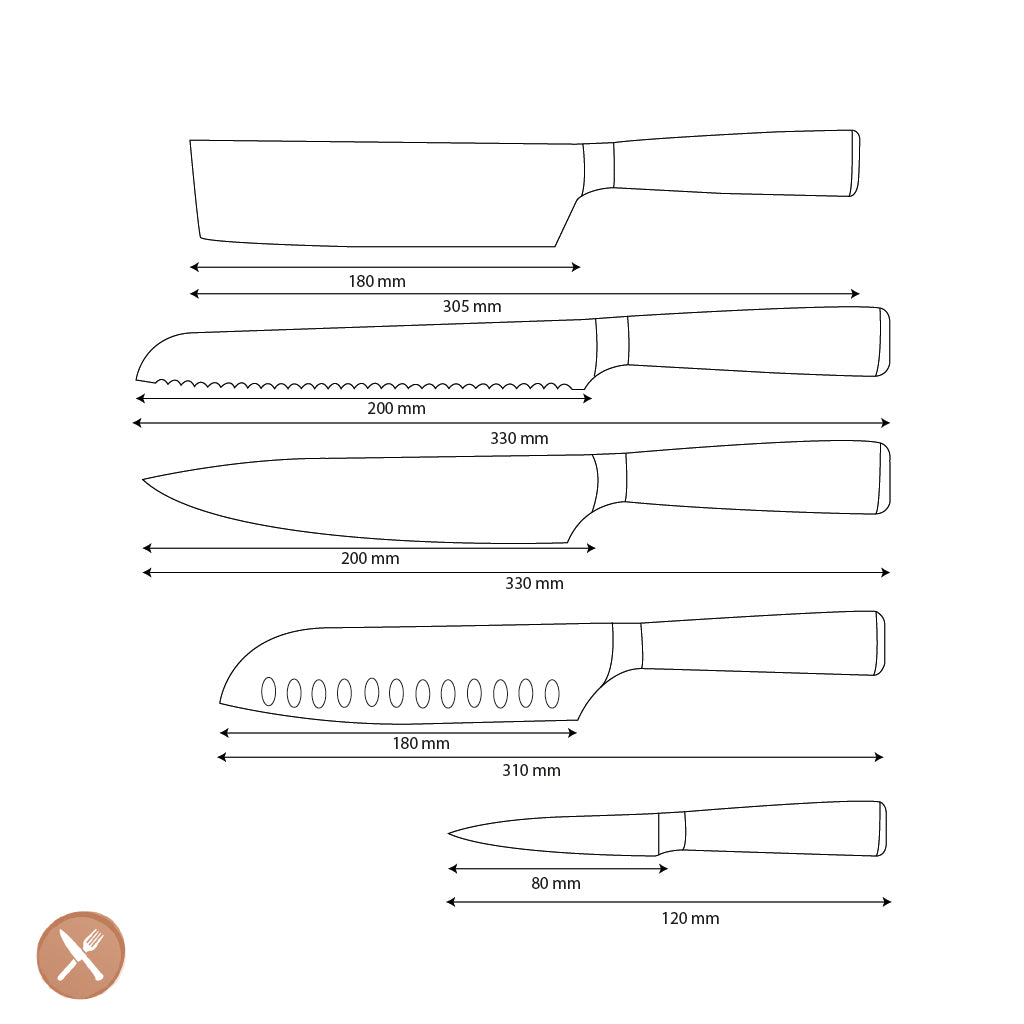 Couteaux Shinrai - Ensemble de couteaux 5 pièces imprimé Damas - Couteau de chef + Couteau à pain + Nakiri + Santoku + Couteau d&#39;office