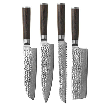 Shinrai Knives - Hammered Damask BR 4-Piece Knife Set - Chef's Knife + Nakiri + Santoku + Bread Knife