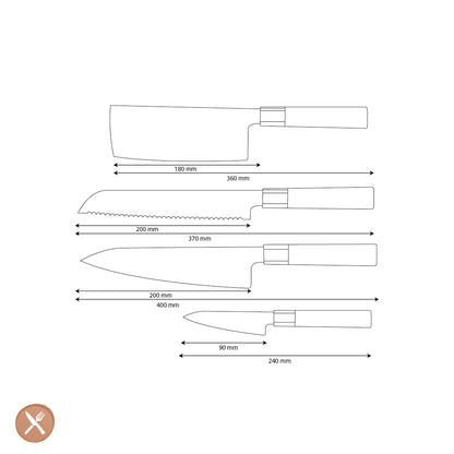 Couteaux Shinrai - Ensemble de couteaux damas Kurayami 4 pièces - Couteau de chef + Couteau à pain + Nakiri + Couteau d&#39;office