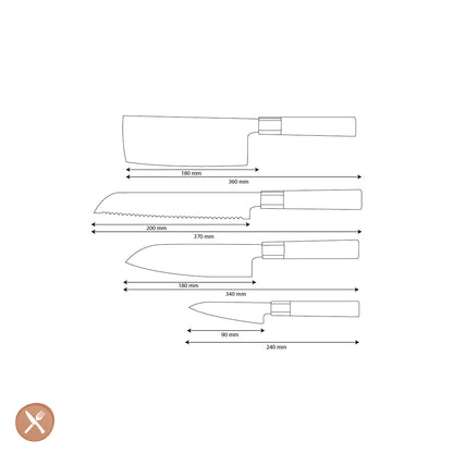 Couteaux Shinrai - Ensemble de couteaux Damas Kurayami 4 pièces - Santoku + Couteau à pain + Nakiri + Couteau d&#39;office