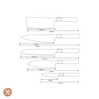 Couteaux Shinrai - Ensemble de couteaux Damas Kurayami 5 pièces - Couteau de chef + Couteau à pain + Nakiri + Santoku + Couteau d&#39;office