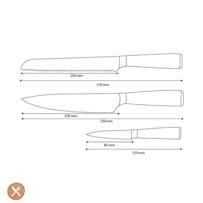 Shinrai Knives - Damascus Print 3-Piece Knife Set - Chef's Knife + Bread Knife + Paring Knife